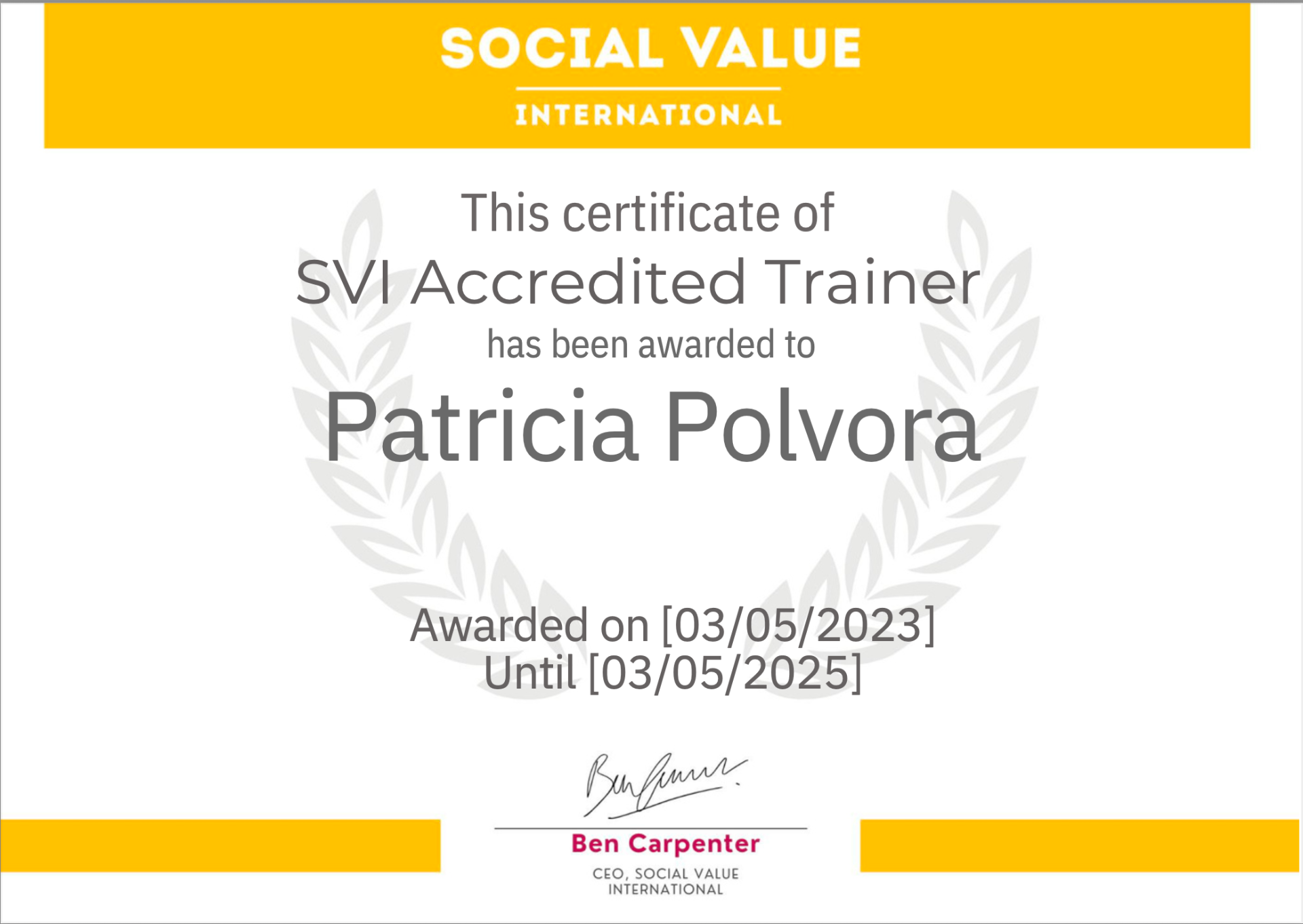 Certificado SVI Accredited Trainer otorgado a Patricia Pólvora por Social Value International